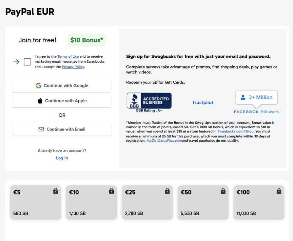 Swagbucks retrait PayPal en euros : 5 euros pour 580 SB, 10 euros pour 1 130 SB, 25 euros pour 2 780 SB, 50 euros pour 5 530 SB et 100 euros pour 11 030 SB, avec les conditions du bonus de bienvenue