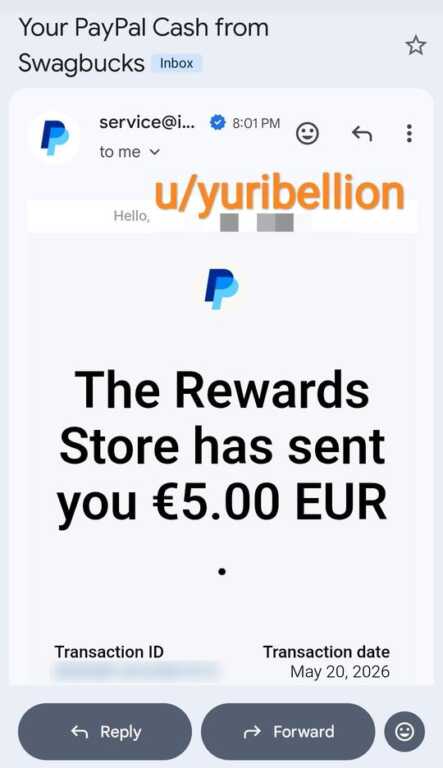 Preuve de paiement Swagbucks : e-mail PayPal du 20 mai 2026, The Rewards Store has sent you 5,00 euros, Your PayPal Cash from Swagbucks