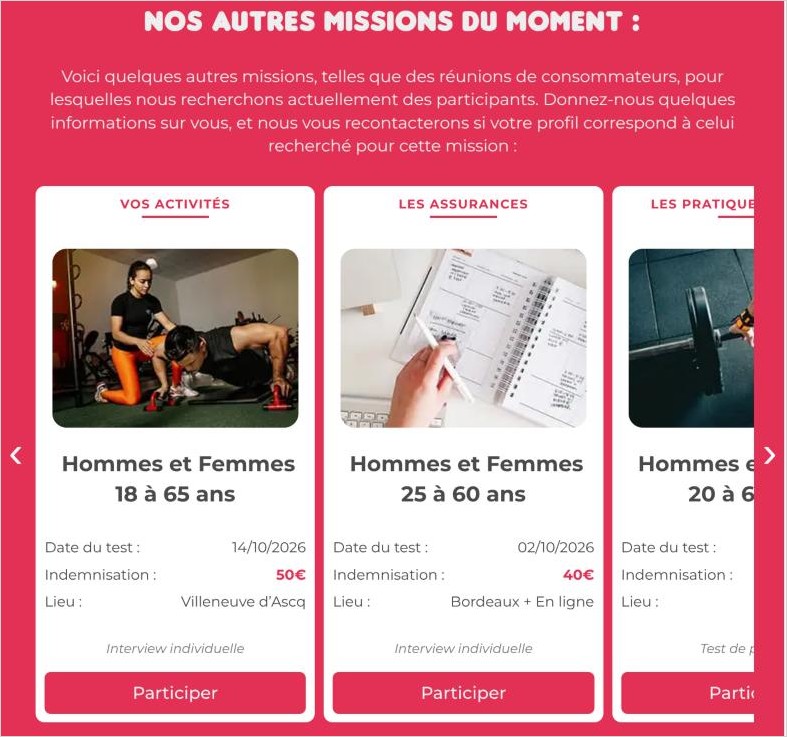 Missions affichées sur Tester Des Produits en octobre 2026 : une interview individuelle à Villeneuve d’Ascq indemnisée 50 euros et une interview à Bordeaux et en ligne indemnisée 40 euros