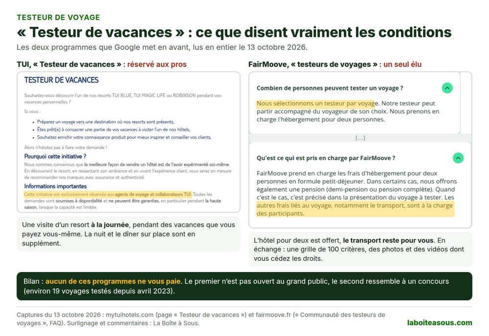 Conditions des programmes Testeur de vacances de TUI et testeurs de voyages de FairMoove au 13 octobre 2026 : chez TUI, l’initiative est exclusivement réservée aux agents de voyage et collaborateurs TUI ; chez FairMoove, un seul testeur est sélectionné par voyage et les autres frais, notamment le transport, sont à la charge des participants