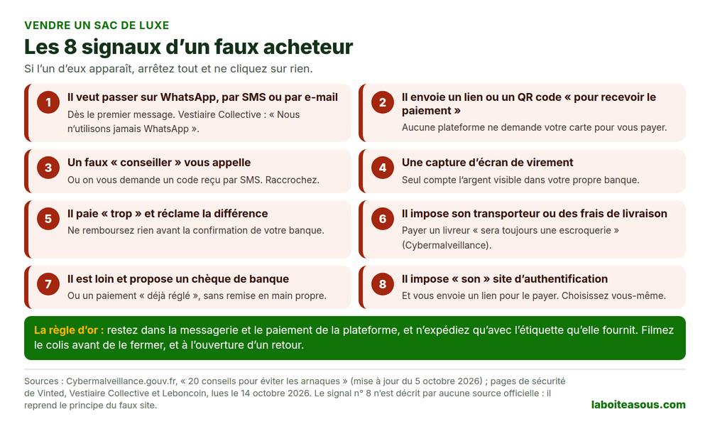 Vendre un sac de luxe sans se faire arnaquer : infographie des 8 signaux d’un faux acheteur : discussion déplacée sur WhatsApp, lien ou QR code pour recevoir le paiement, faux conseiller qui demande un code, capture d’écran de virement, trop-perçu à rembourser, transporteur imposé ou frais de livraison à payer, acheteur éloigné qui propose un chèque de banque, certificat d’authenticité imposé par l’acheteur