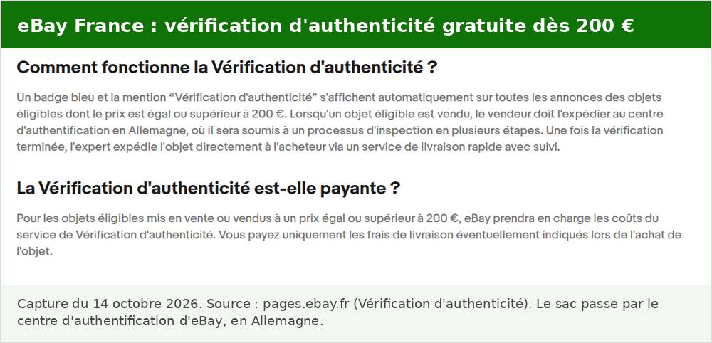 Vendre un sac de luxe sur eBay : capture de la page officielle d’eBay France sur la Vérification d’authenticité : badge bleu automatique dès 200 euros, envoi au centre d’authentification en Allemagne, service pris en charge par eBay