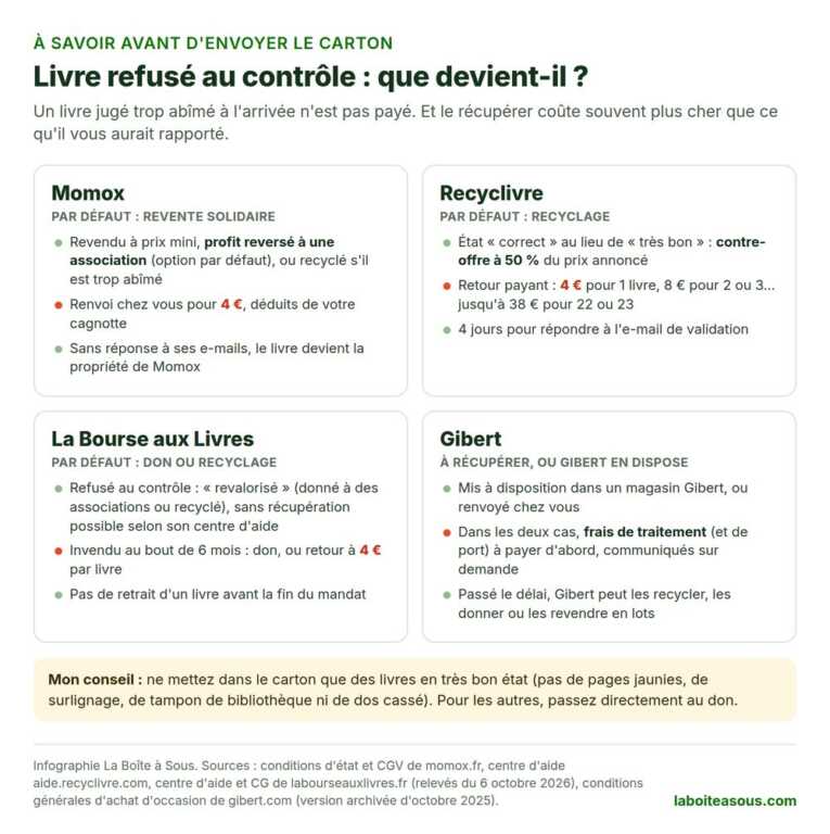 Infographie : que deviennent les livres refusés chez Momox, Recyclivre, La Bourse aux Livres et Gibert, avec les frais de retour de 4 euros par livre et la contre-offre à 50 % de Recyclivre