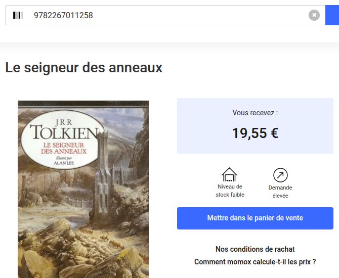 Capture de l’offre de rachat Momox à 19,55 euros pour Le Seigneur des anneaux édition illustrée Christian Bourgois de 1992, avec la mention niveau de stock faible et demande élevée
