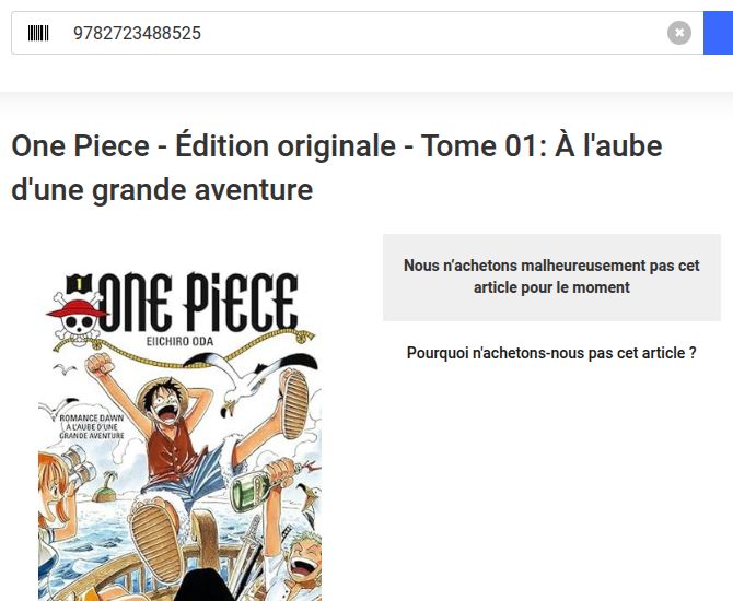 Capture du refus de Momox pour le tome 1 de One Piece chez Glénat : nous n’achetons malheureusement pas cet article pour le moment