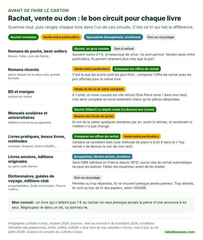 Infographie : quel circuit choisir pour vendre ses livres selon leur type. Poches et best-sellers au rachat en gros volume, romans récents entre particuliers, BD et mangas en lots ou séries complètes, manuels scolaires avant la rentrée, livres anciens chez un bouquiniste, dictionnaires et éditions club au don