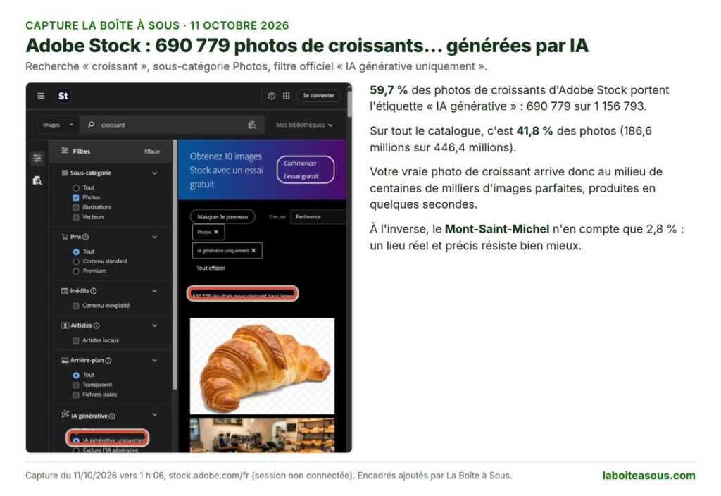 Vendre ses photos face à l’IA : capture d’Adobe Stock du 11 octobre 2026, recherche croissant, sous-catégorie photos, filtre IA générative uniquement, 690 779 résultats