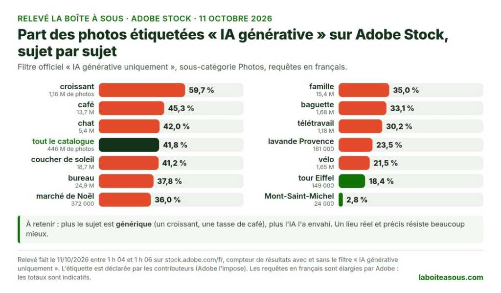 Part des photos étiquetées IA générative sur Adobe Stock le 11 octobre 2026 : croissant 59,7 %, café 45,3 %, chat 42 %, tout le catalogue 41,8 %, coucher de soleil 41,2 %, bureau 37,8 %, marché de Noël 36 %, famille 35 %, baguette 33,1 %, télétravail 30,2 %, lavande Provence 23,5 %, vélo 21,5 %, tour Eiffel 18,4 %, Mont-Saint-Michel 2,8 %