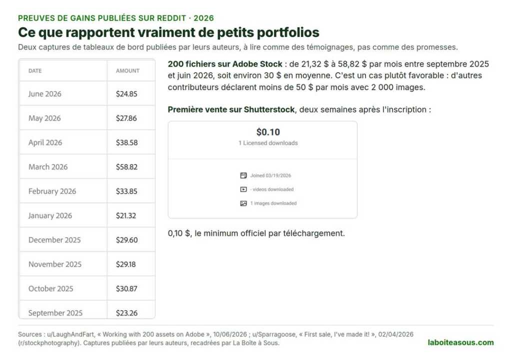Deux preuves de gains publiées sur Reddit : un tableau de bord Adobe Stock affichant de 21,32 à 58,82 dollars par mois de septembre 2025 à juin 2026 pour 200 fichiers, et une première vente Shutterstock à 0,10 dollar