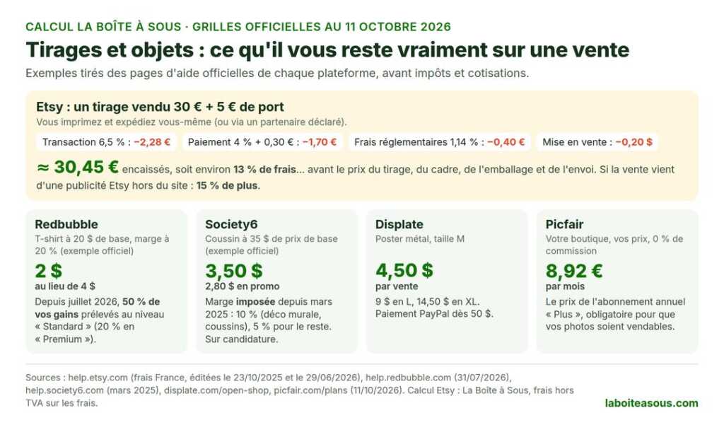 Tirages et objets, ce qu’il reste sur une vente : Etsy, tirage vendu 30 euros plus 5 euros de port, environ 30,45 euros encaissés soit 13 % de frais avant le coût du tirage ; Redbubble 2 dollars au lieu de 4 sur un t-shirt ; Society6 3,50 dollars sur un coussin ; Displate 4,50 dollars par poster ; Picfair abonnement de 8,92 euros par mois
