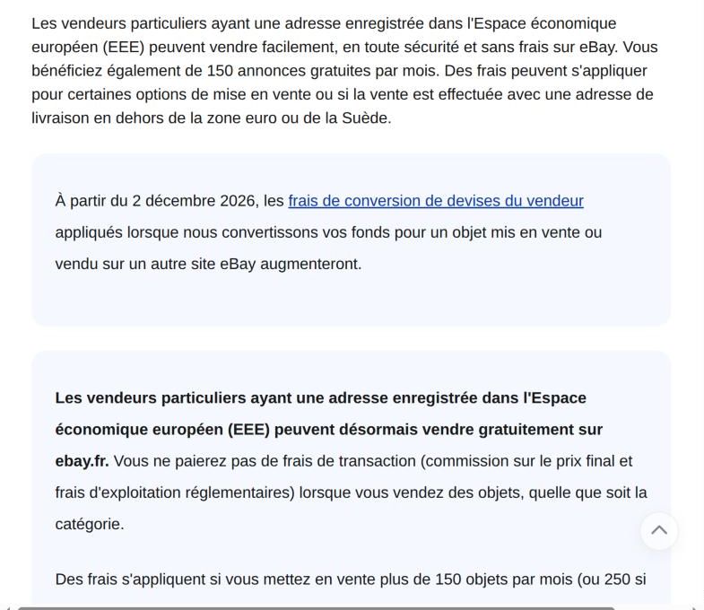 Page d'aide eBay : les vendeurs particuliers ayant une adresse dans l'Espace économique européen peuvent désormais vendre gratuitement sur ebay.fr, sans commission sur le prix final, quelle que soit la catégorie