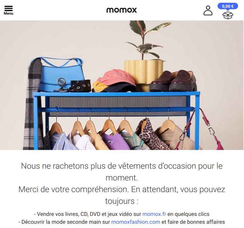 Page momox Vendre des vêtements le 9 octobre 2026 : nous ne rachetons plus de vêtements d'occasion pour le moment