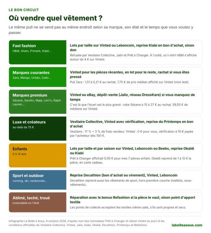 Infographie : où vendre quel vêtement selon son type. Fast fashion en lots ou reprise Kiabi, marques courantes sur Vinted, marques premium sur Vinted, eBay ou en dépôt-vente, luxe sur Vestiaire Collective ou Vinted avec vérification, enfants en lots et reprise Okaïdi, sport chez Decathlon, vêtements abîmés réparés ou donnés