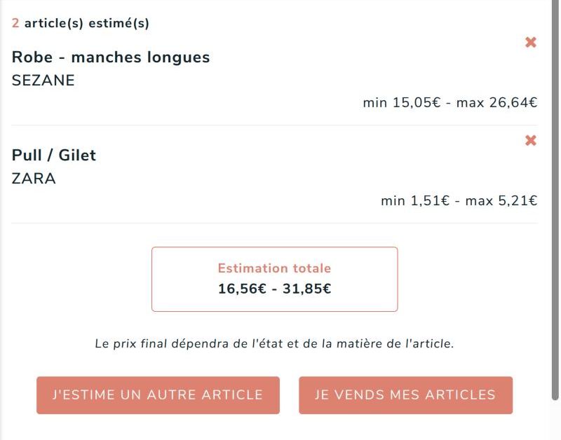 Capture du simulateur de rachat Prêt à Changer le 9 octobre 2026 : une robe Sézane estimée entre 15,05 et 26,64 euros et un pull Zara entre 1,51 et 5,21 euros