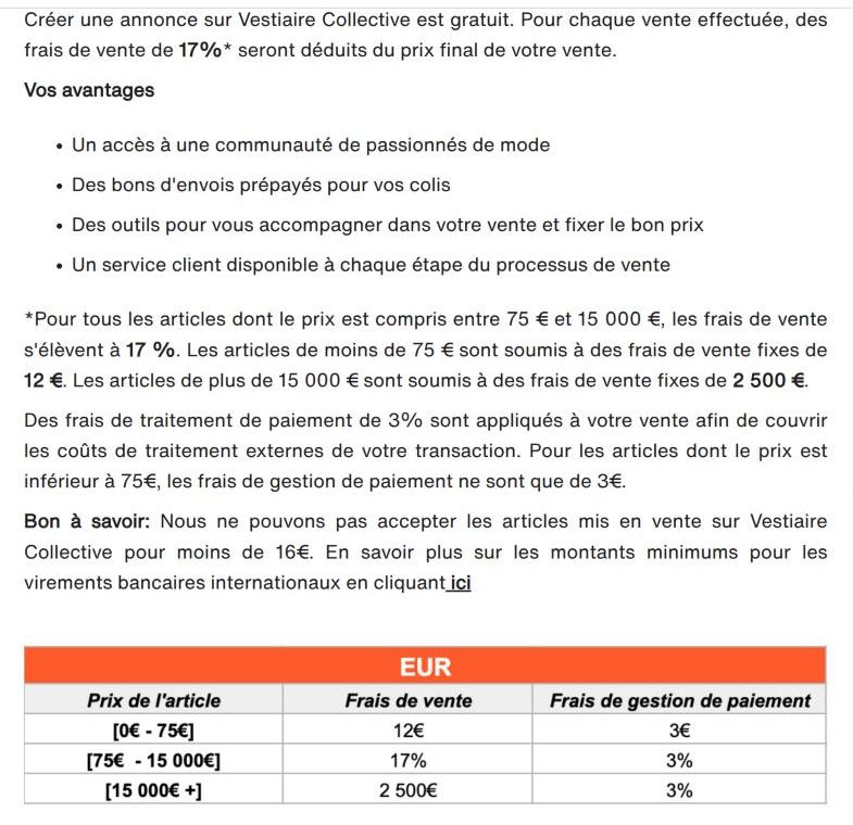 Barème officiel des frais de vente Vestiaire Collective depuis le 9 juin 2026 : 12 euros fixes sous 75 euros, 17 % entre 75 et 15 000 euros, 2 500 euros au-delà, plus 3 % de frais de gestion de paiement