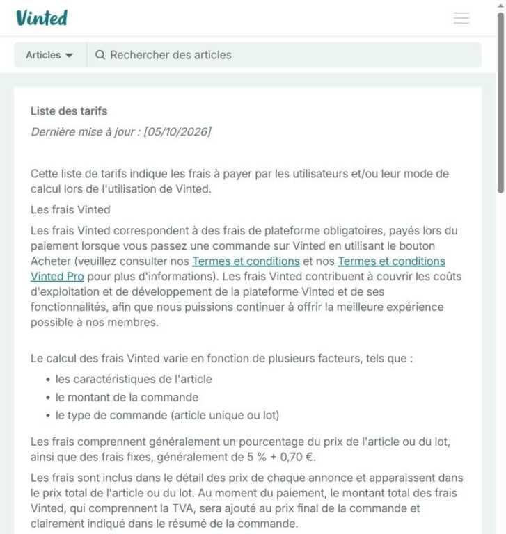 Liste des tarifs officielle de Vinted mise à jour le 5 octobre 2026 : les Frais Vinted payés par l'acheteur comprennent généralement 5 % du prix plus 0,70 euro