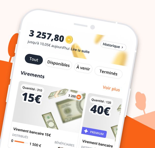 Capture publiée par WeWard sur l'App Store : une cagnotte de 3 257,80 Wards affichée jusqu'à 10,05 euros aujourd'hui, un virement bancaire de 15 euros pour 3 200 Wards en quantité limitée à 310, et un virement de 40 euros réservé aux membres Premium